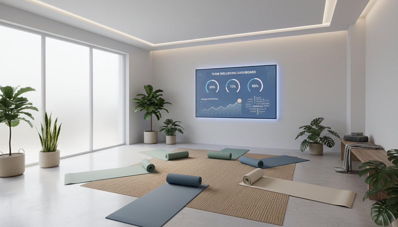 Wellness spaces double as data dashboards, quantifying sentiment alongside productivity.