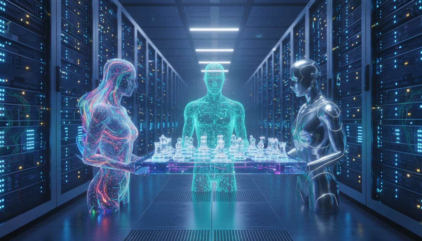 Symbolic chessboard representing the strategic moves of the three AI giants in 2025.