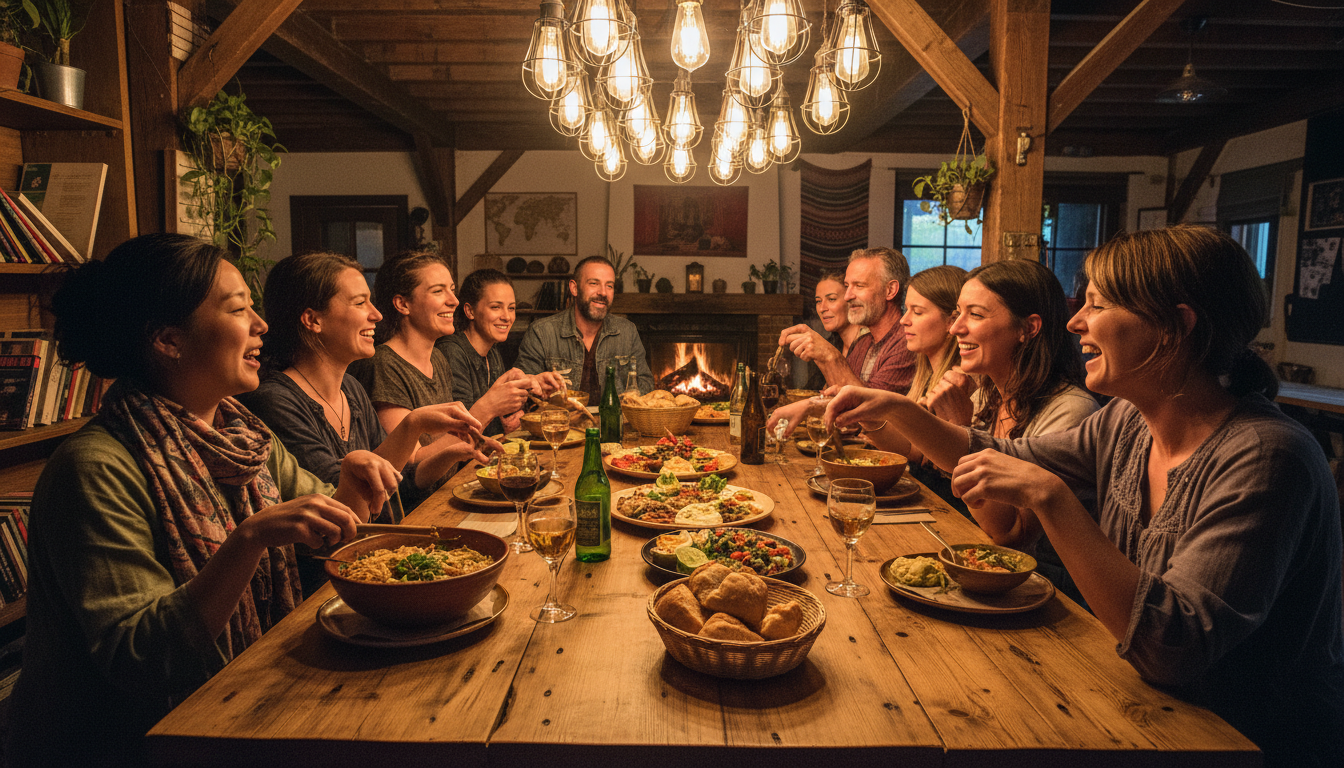 Communal dinners turn solo journeys into shared memories.